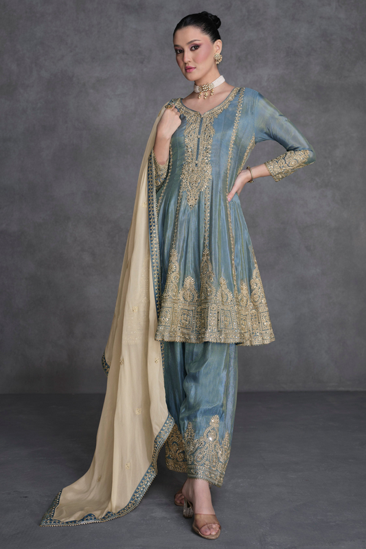Grey Indian Party Outfit With Embroidery & Organza Silk Salwar Kameez