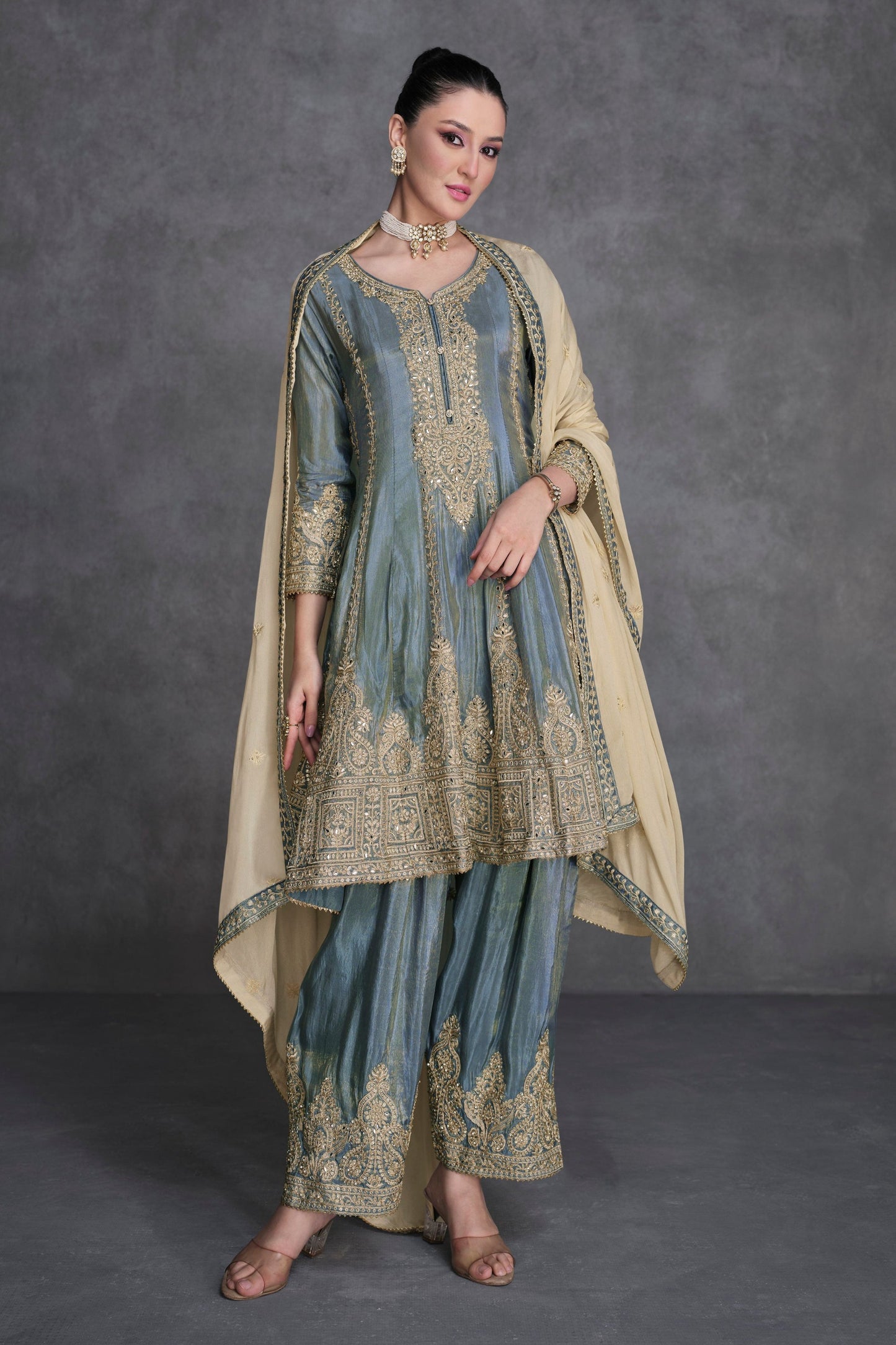 Grey Indian Party Outfit With Embroidery & Organza Silk Salwar Kameez