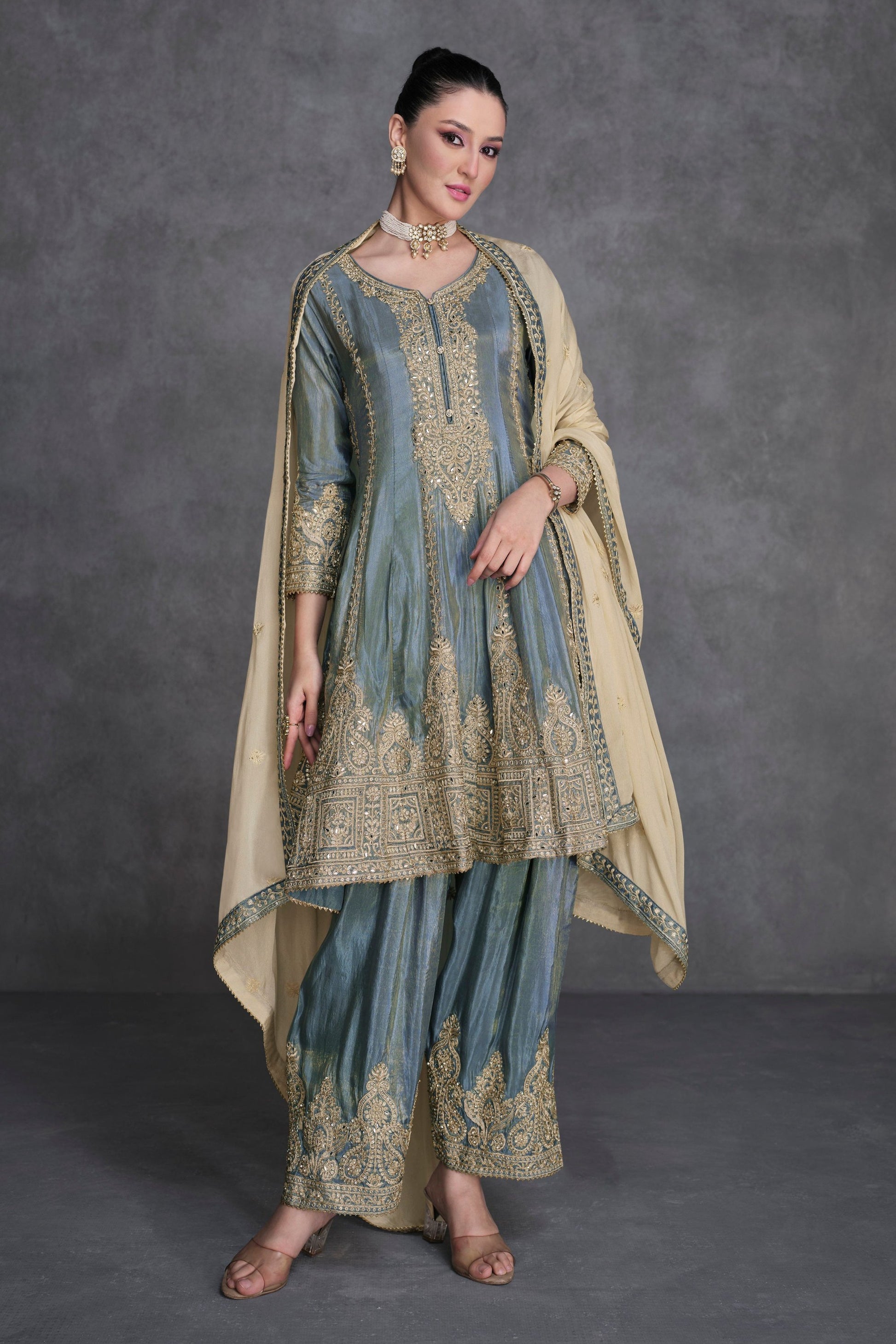 Grey Indian Party Outfit With Embroidery & Organza Silk Salwar Kameez