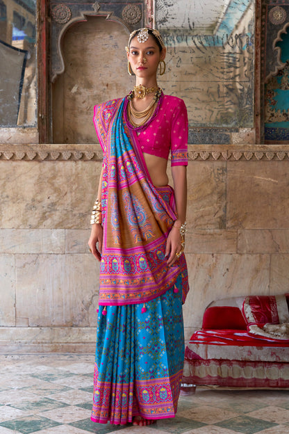 Blue Silk Designer Wedding Saree With Embroidered Blouse - Indian Bridal Wear USA