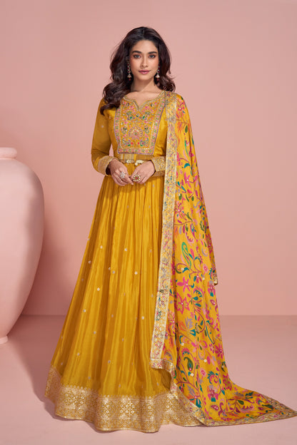 Indian Chinon Women's Wear Anarkali Gown for Haldi with Printed Dupatta