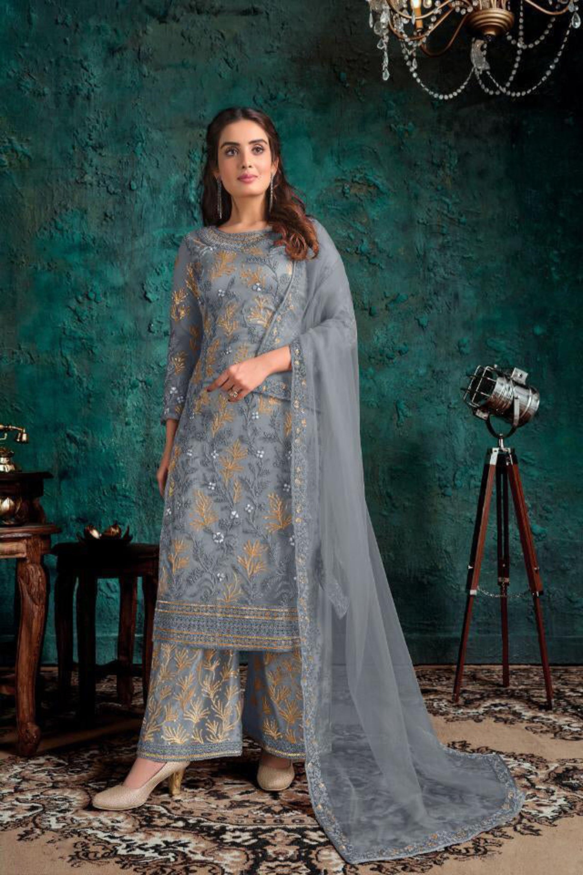 Gray Embroidered & Net Designer Pakistani Palazzo Suit 