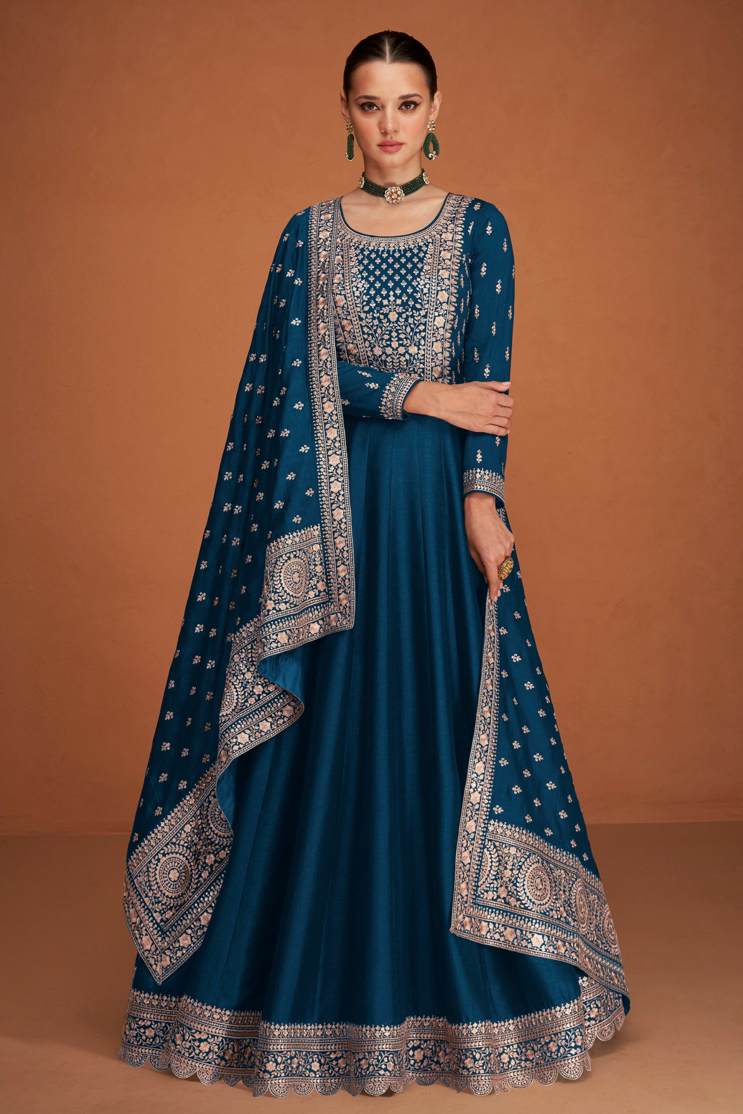 Premium Indian Silk Heavy Embroidered   Blue Anarkali Gown Suits for Weddings