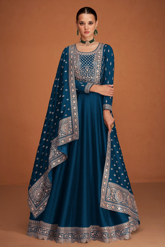 Premium Indian Silk Heavy Embroidered   Blue Anarkali Gown Suits for Weddings