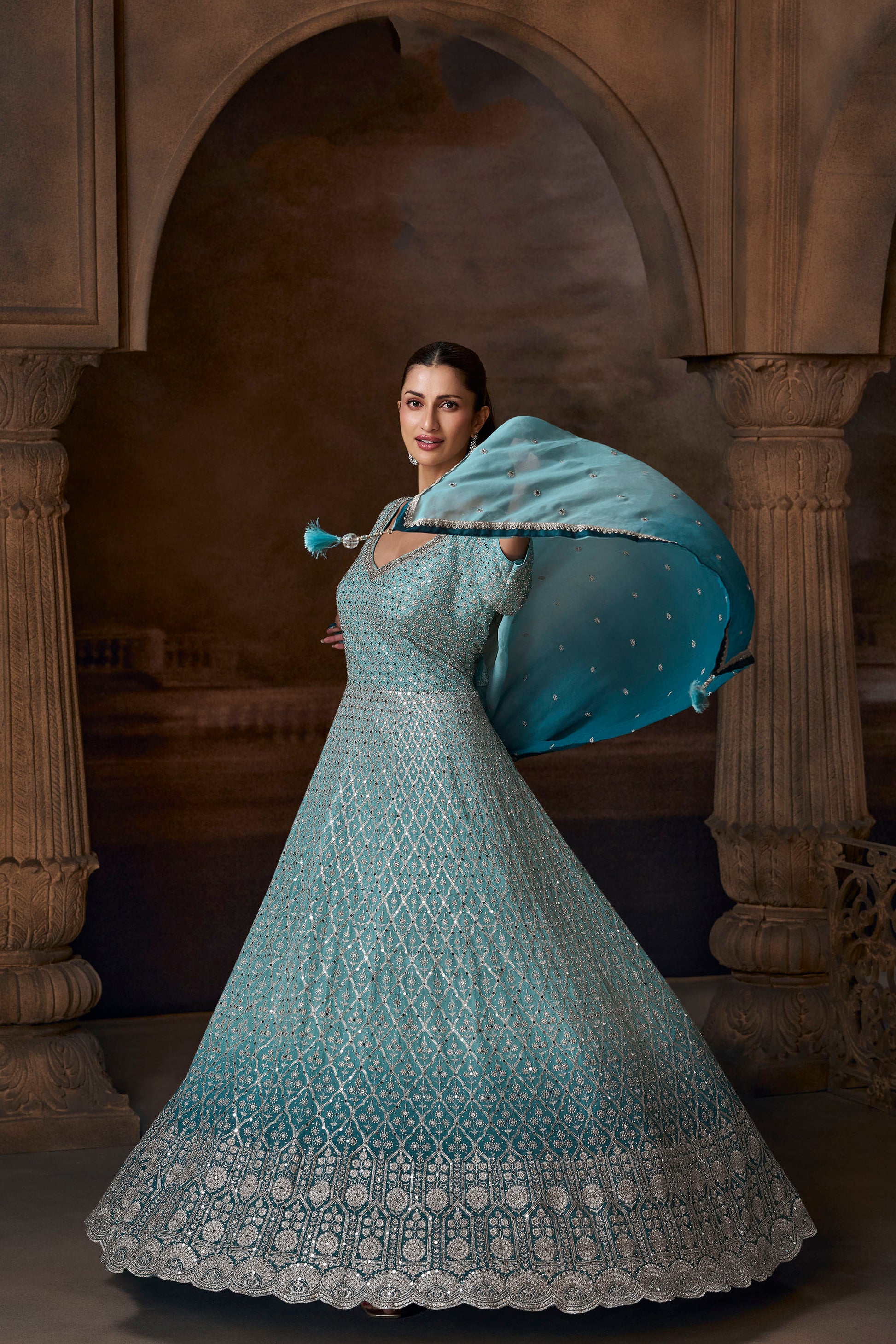 Heavy Embroidery Ready-Made Real Georgette Blue Beautiful Party Wear Anarkali Gown Dress 