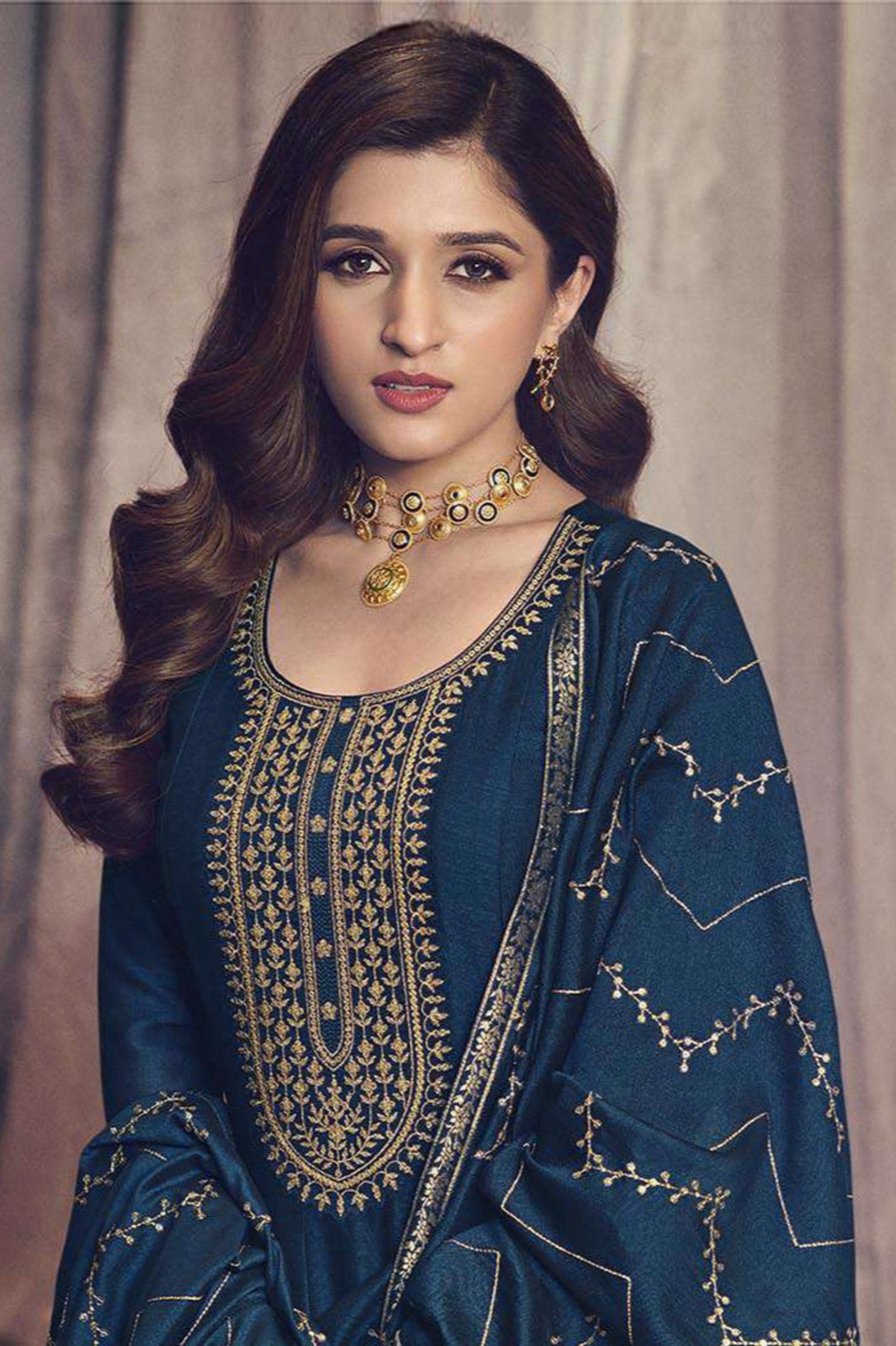 Designer Navy Blue Silk Georgette Anarkali Dress With Embroidered Dupatta