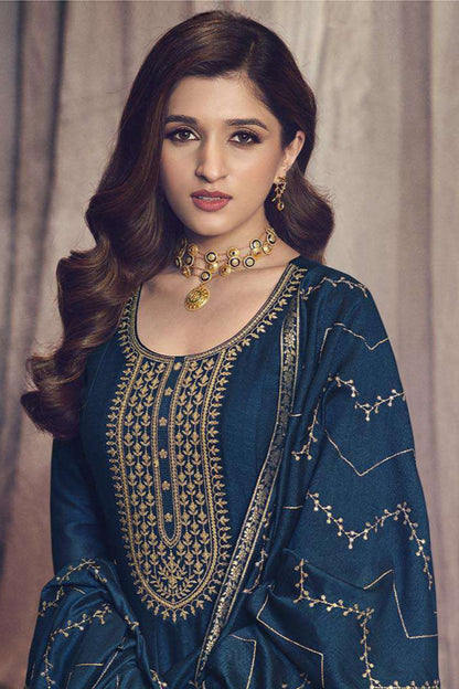 Designer Navy Blue Silk Georgette Anarkali Dress With Embroidered Dupatta