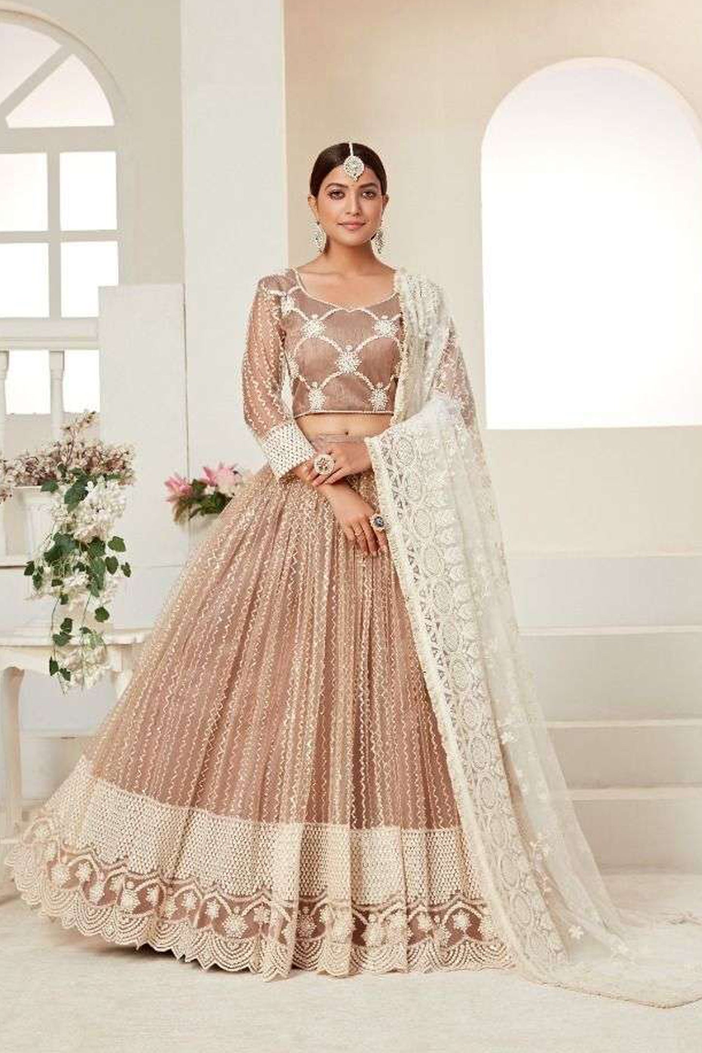 Beige Designer Bridal Lehenga Choli With Heavy Embroidery Work For Indian Weddings