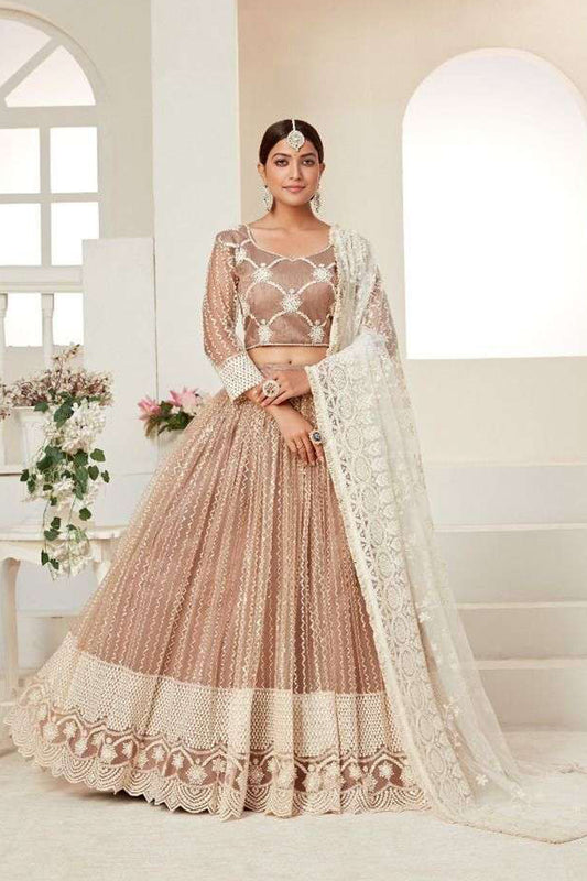 Beige Designer Bridal Lehenga Choli With Heavy Embroidery Work For Indian Weddings