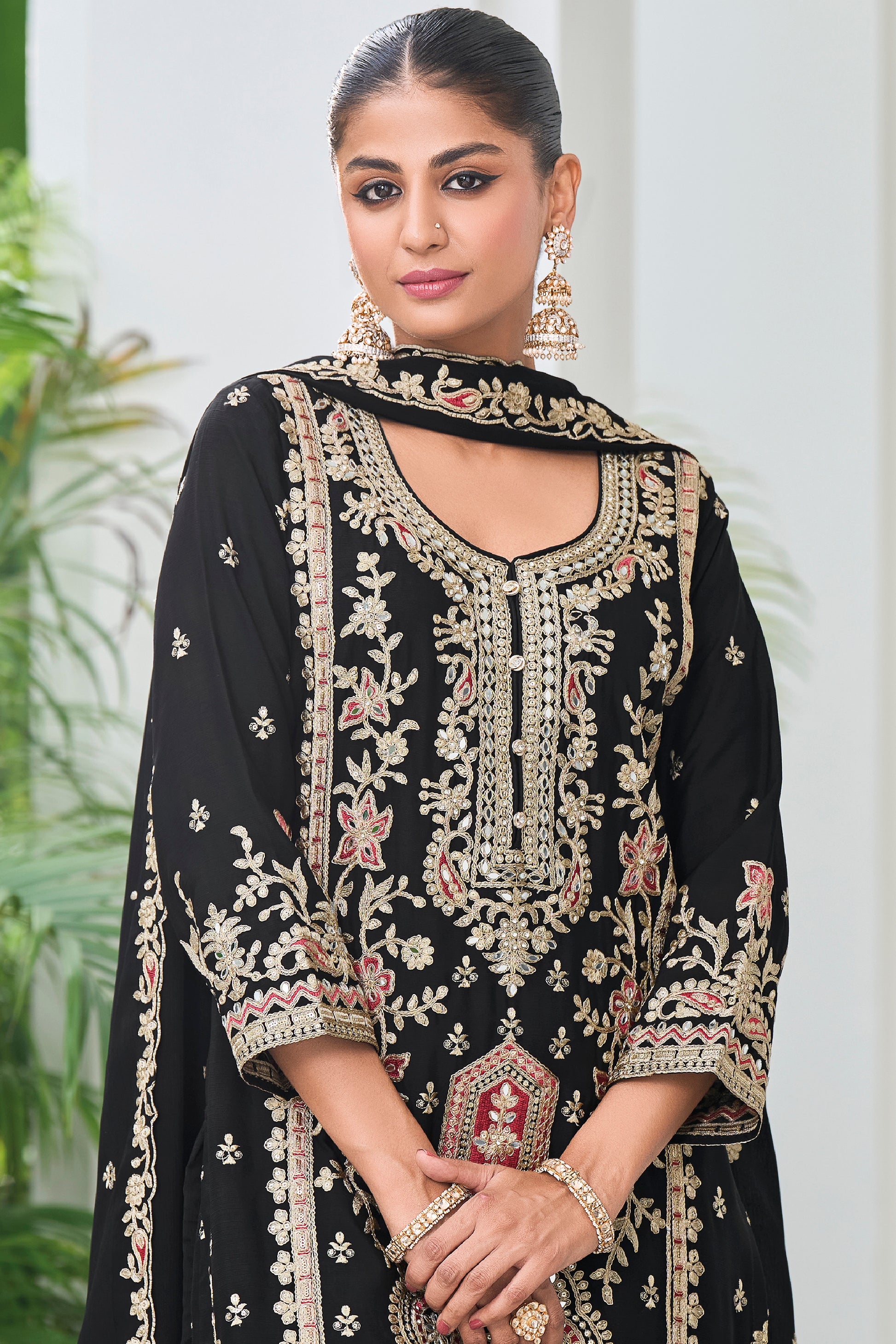 Punjabi Women's Black Chinon Palazzo Suit With Dupatta - Front View Ethnic Wear