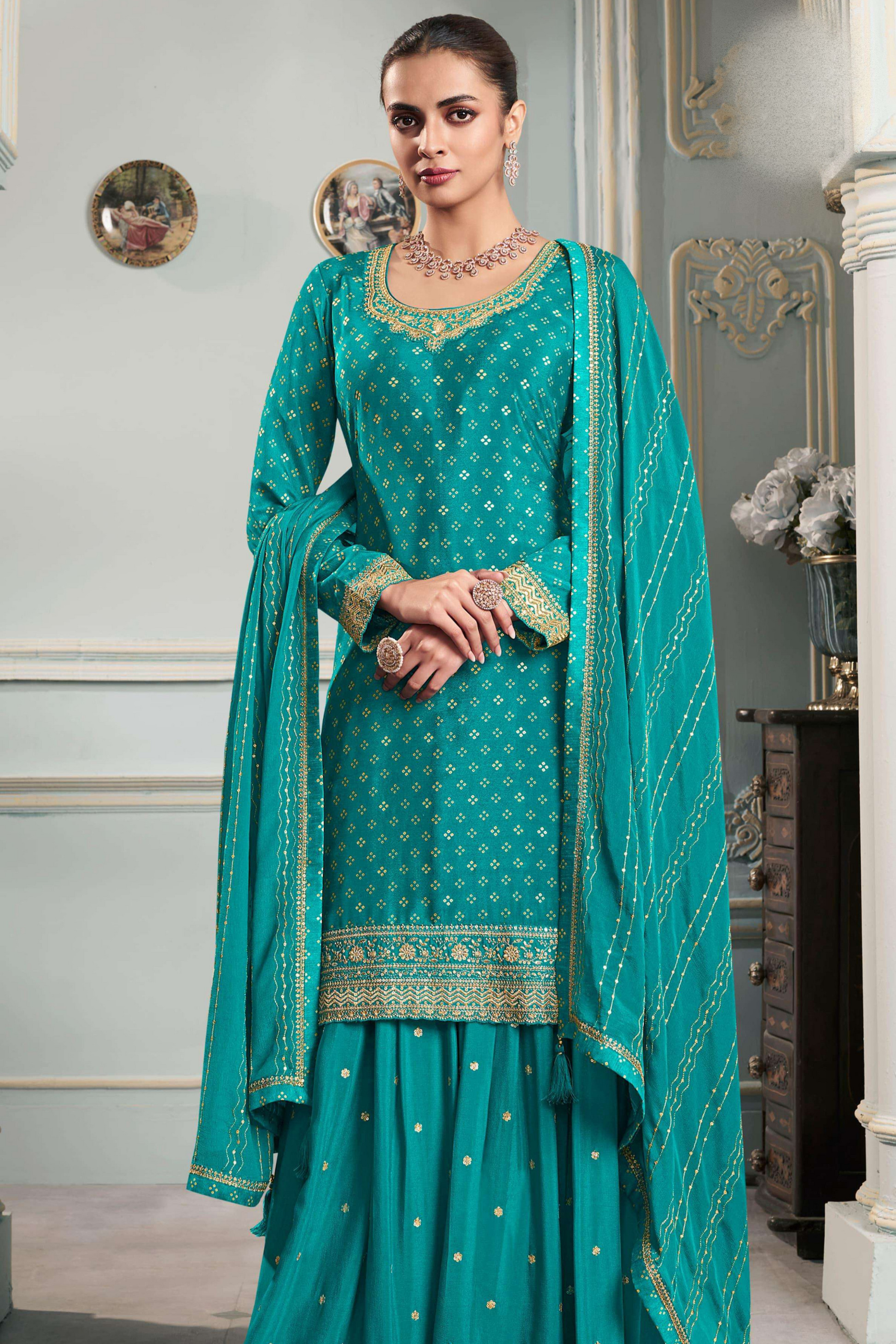 Traditional Teal Wedding Sharara Suit Ready To Wear Plus Size USA Canada
