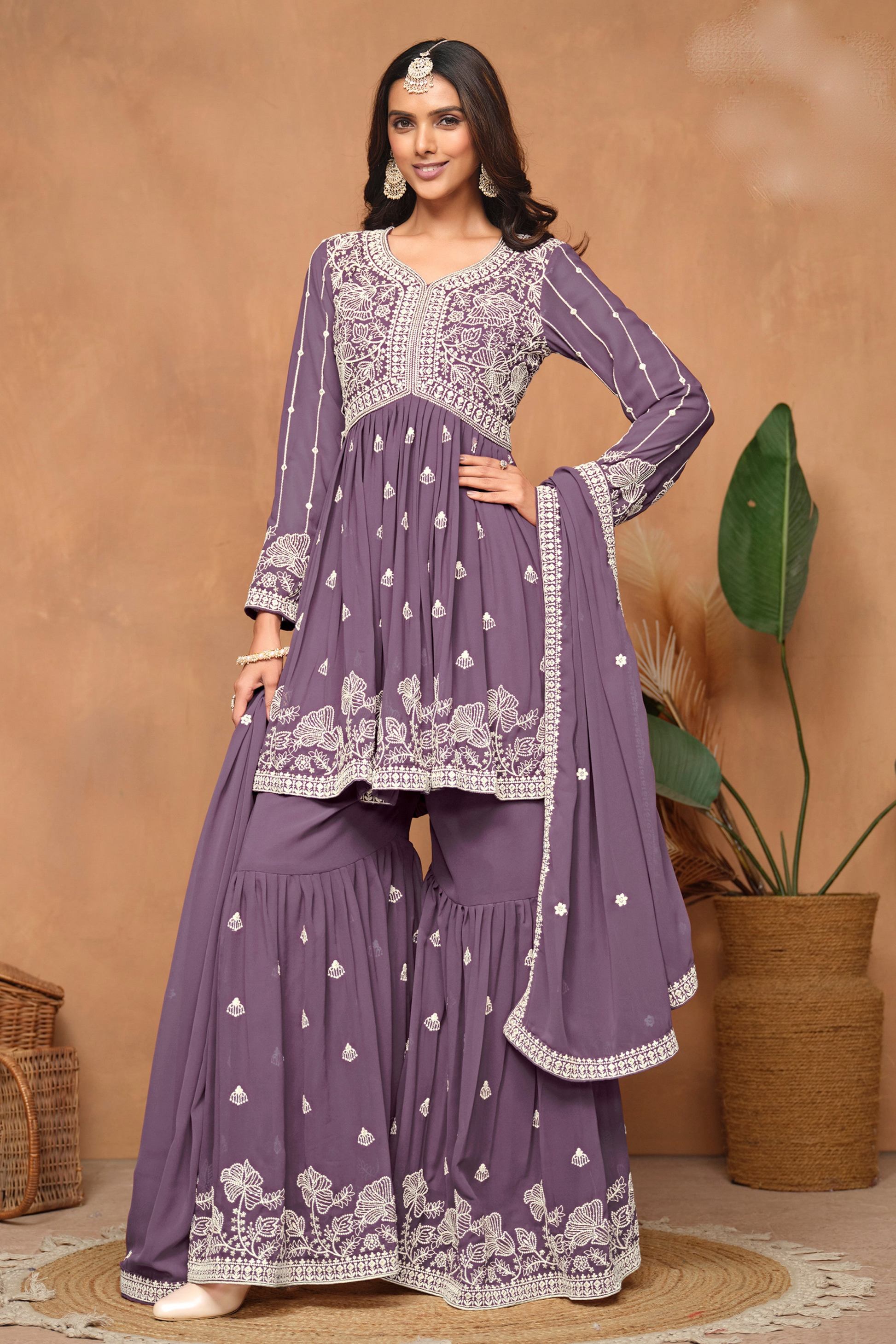 Lavender Embroidered Sharara Suit With Dupatta For Weddings - Ready To Wear Indian Ethnic Dress USA