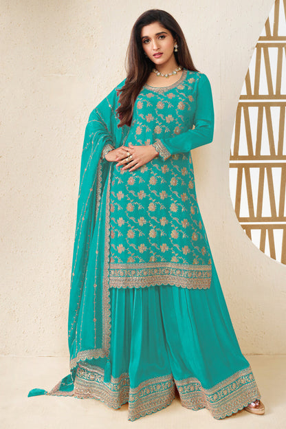 Turquoise Blue Indian Pakistani Wedding Palazzo Suit With Heavy Embroidery Work