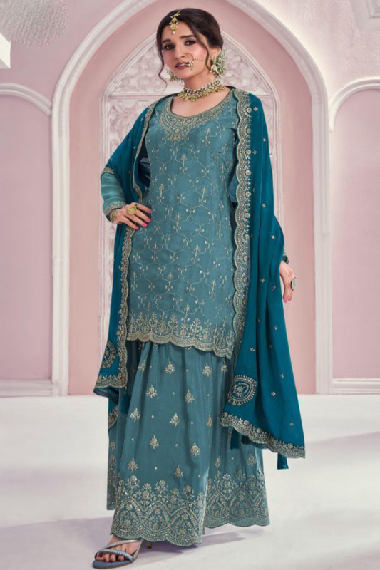 Pakistani Indian Wedding Heavy Embroidery Worked Salwar Kameez Chinon Silk Sharara Dupatta Dress