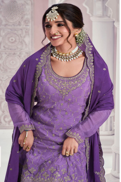 Women's Wedding Collection Purple Color Salwar Kameez Heavy Worked Sharara Dupatta Dresses