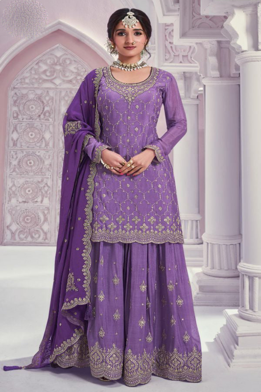 Women's Wedding Collection Purple Color Salwar Kameez Heavy Worked Sharara Dupatta Dresses