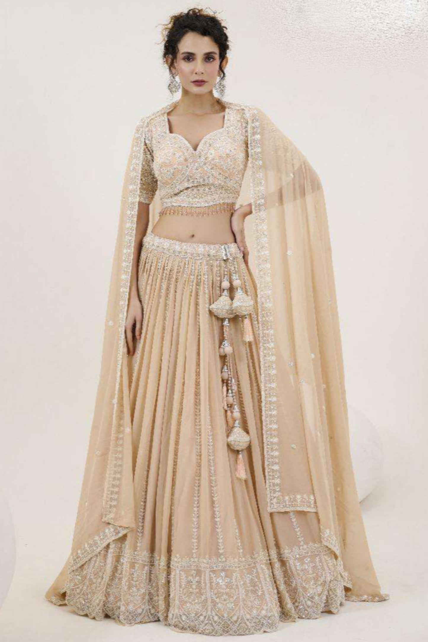 Pakisatni Designer Bridal Beige Color Stitched Readymade Net Dupatta Lengha Choli