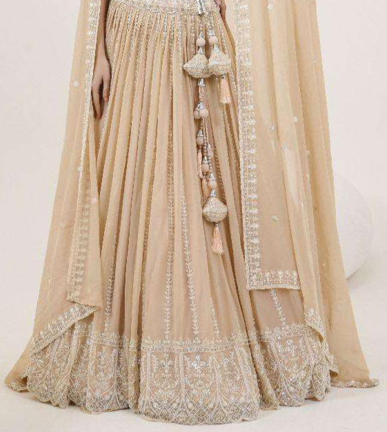 Pakisatni Designer Bridal Beige Color Stitched Readymade Net Dupatta Lengha Choli