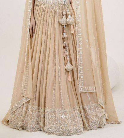 Pakisatni Designer Bridal Beige Color Stitched Readymade Net Dupatta Lengha Choli