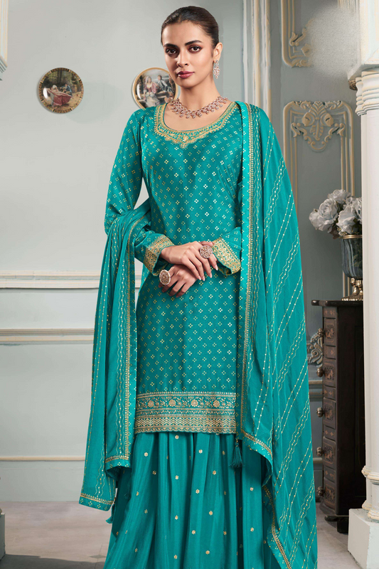 Teal Blue Color Women's Wedding Wear Chinon Silk Salwar Kameez Sharara Dresses