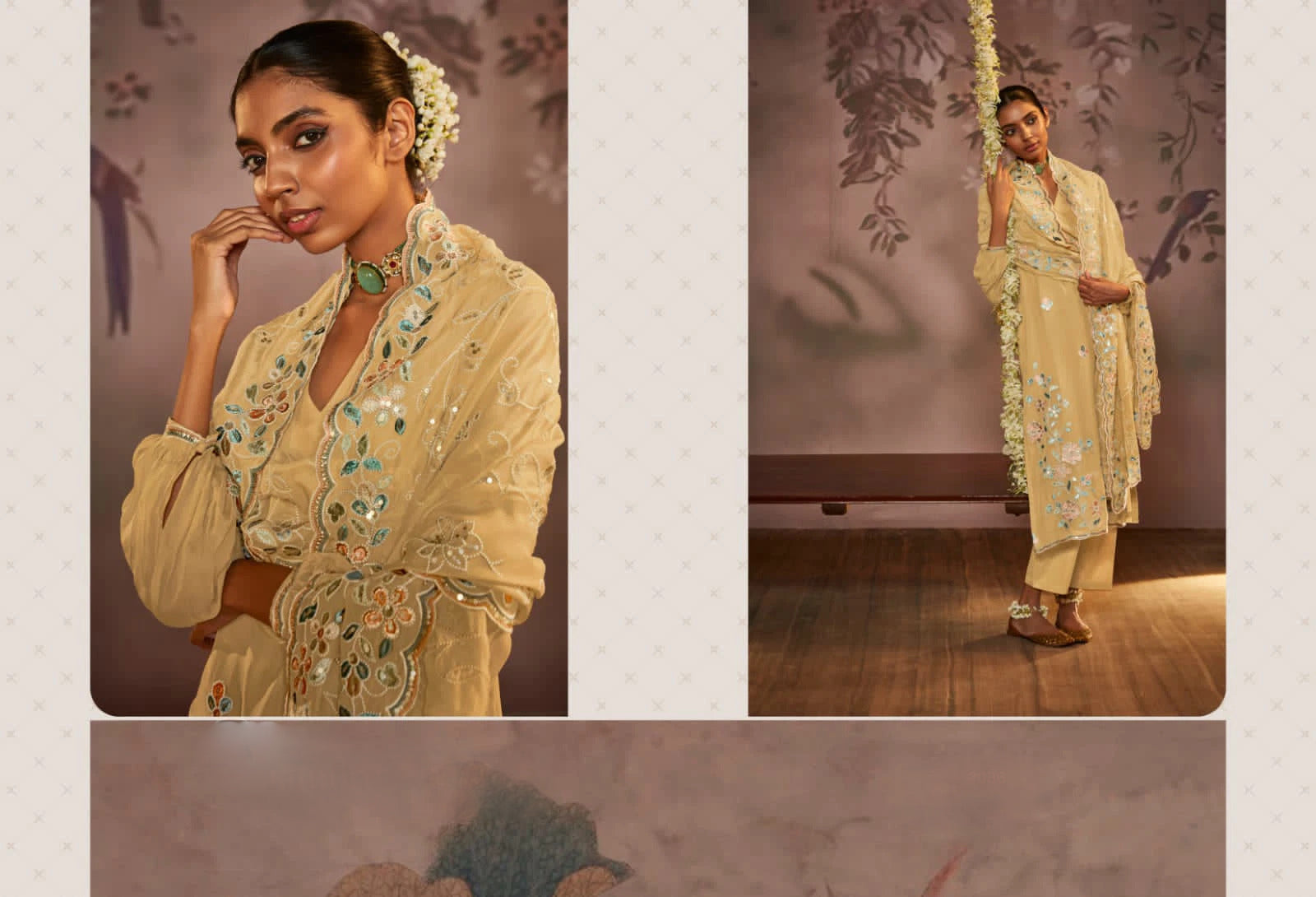 Cream Salwar Kameez Close-Up Showing Placement Embroidery Detail on Organza Fabric
