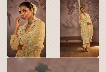 Cream Salwar Kameez Close-Up Showing Placement Embroidery Detail on Organza Fabric