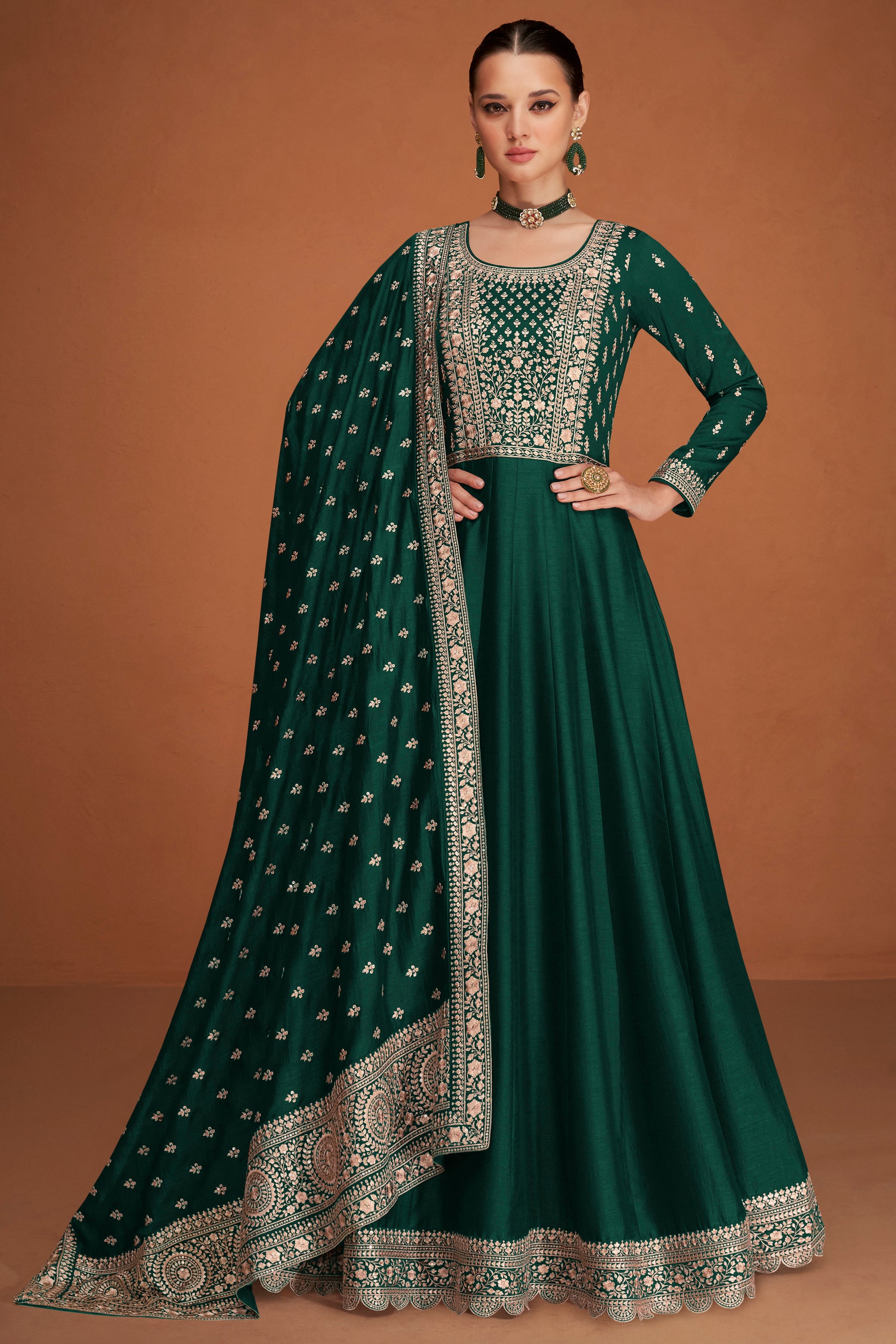 Wedding Function Party Wear Stylish Full Long Premium Silk Anarkali Dupatta Gown's