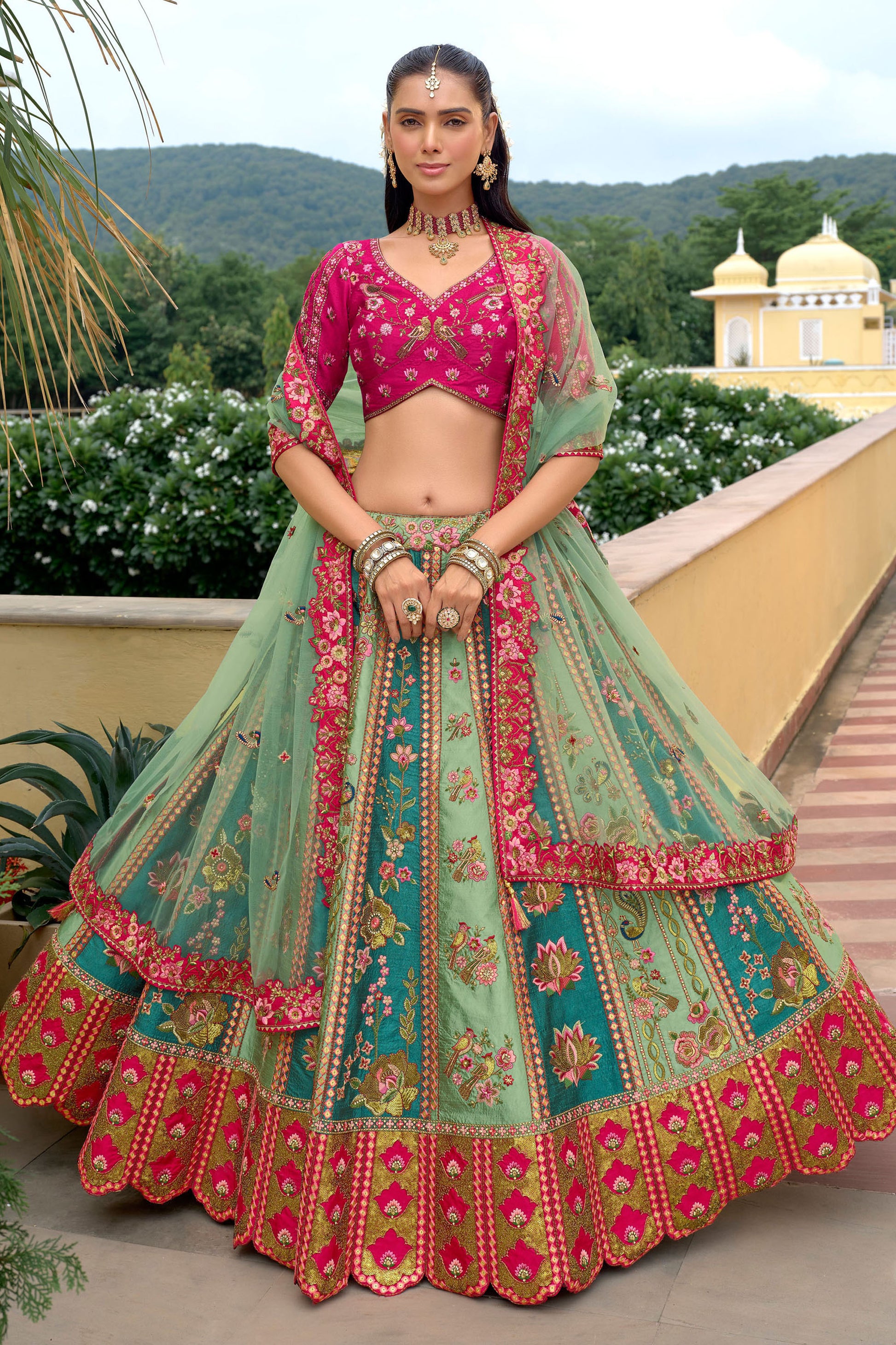 Pink Silk Bridal Lehenga Choli Back View - Heavy Embroidery Indian Wedding Wear With Dupatta