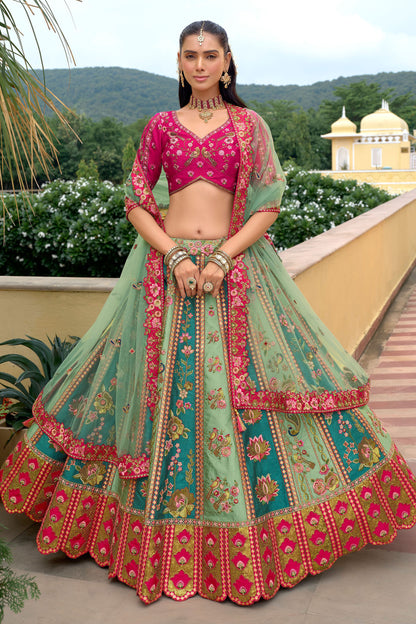 Pink Silk Bridal Lehenga Choli Back View - Heavy Embroidery Indian Wedding Wear With Dupatta