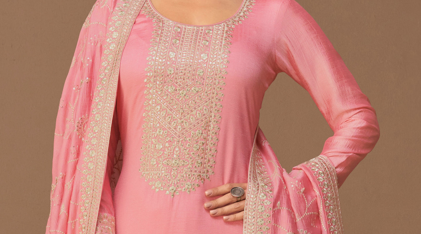 Embroidery Work on Pink Premium Silk Salwar Suit - Traditional Bridal Ethnic Wear