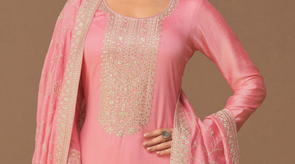 Embroidery Work on Pink Premium Silk Salwar Suit - Traditional Bridal Ethnic Wear