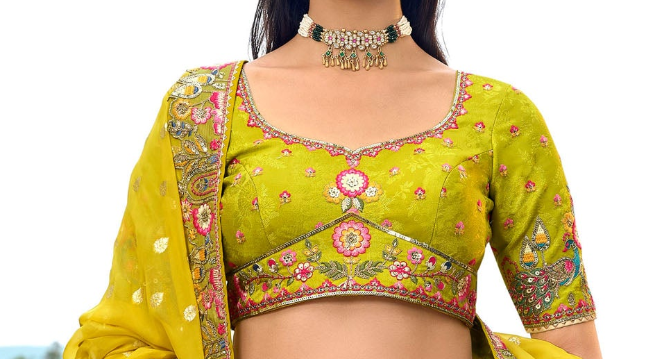 Embroidered Lehenga Choli Close-Up Showing Stone And Mirror Work Detail