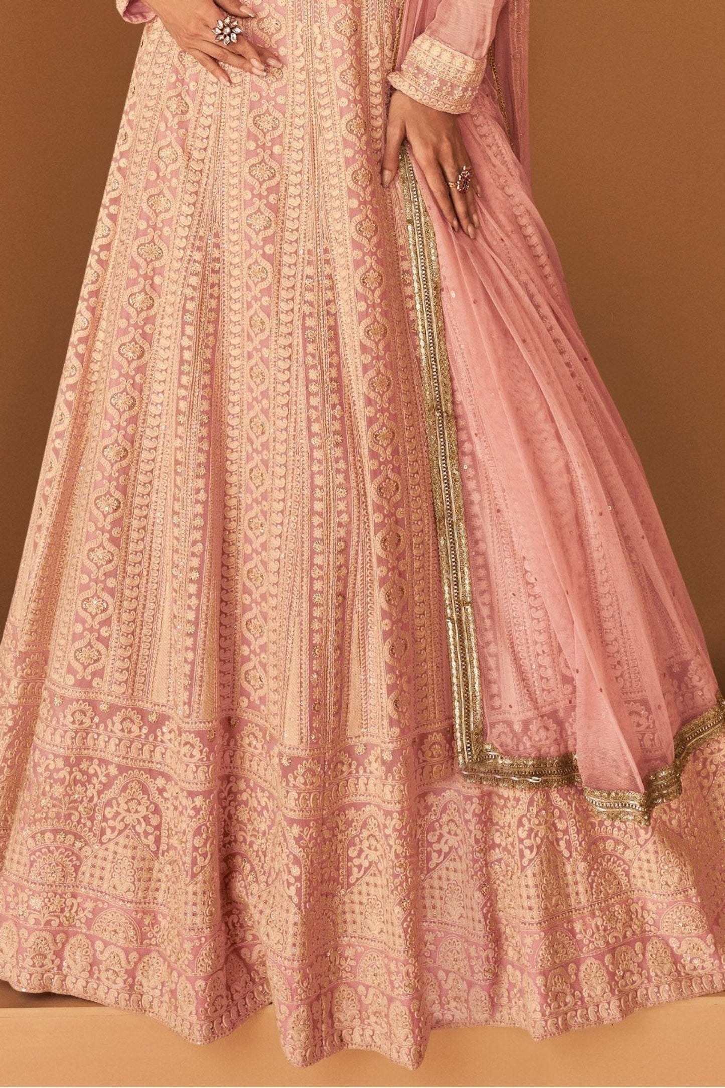 Peach Anarkali Gown With Net Dupatta For Wedding Reception Party Wear