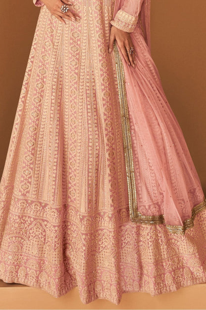 Peach Anarkali Gown With Net Dupatta For Wedding Reception Party Wear