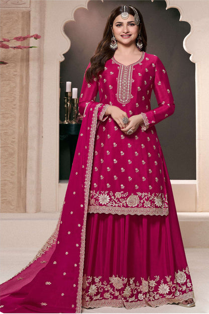 Traditional Designer Pink Chinon Silk Palazzo Suit