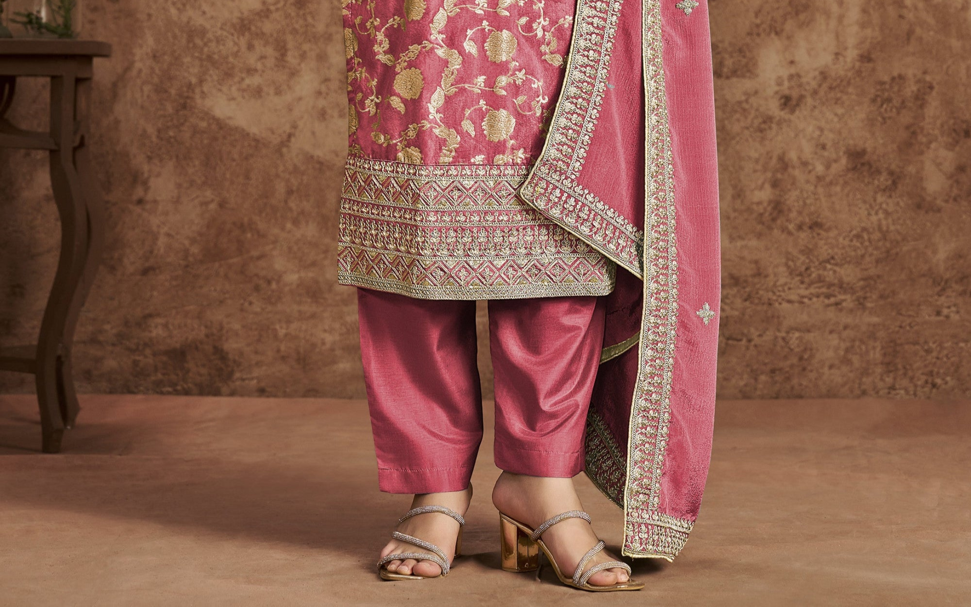 Pink Dola Jacquard Salwar Kameez - Side Angle View Showing Embroidery Detail 
