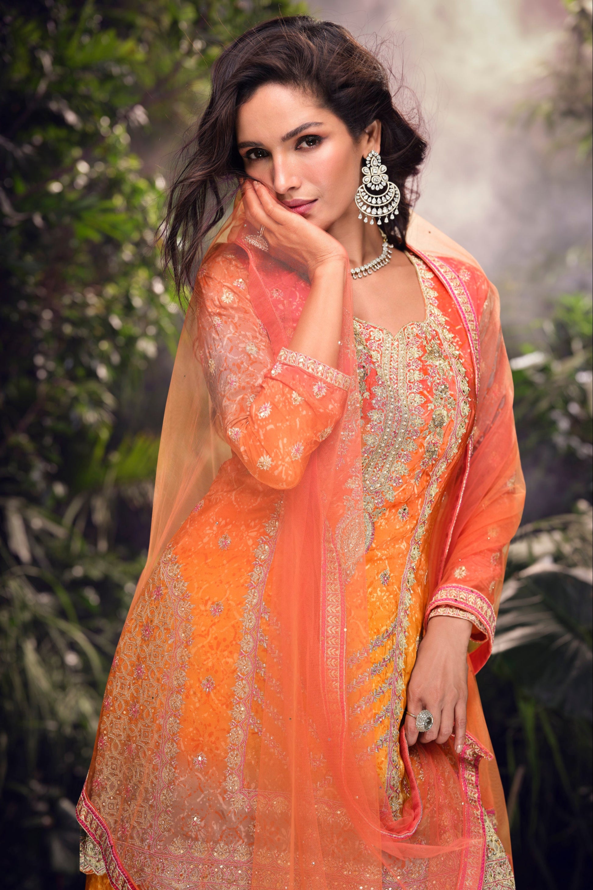 Trendy Orange Palazzo Suit For Indian Wedding Functions.