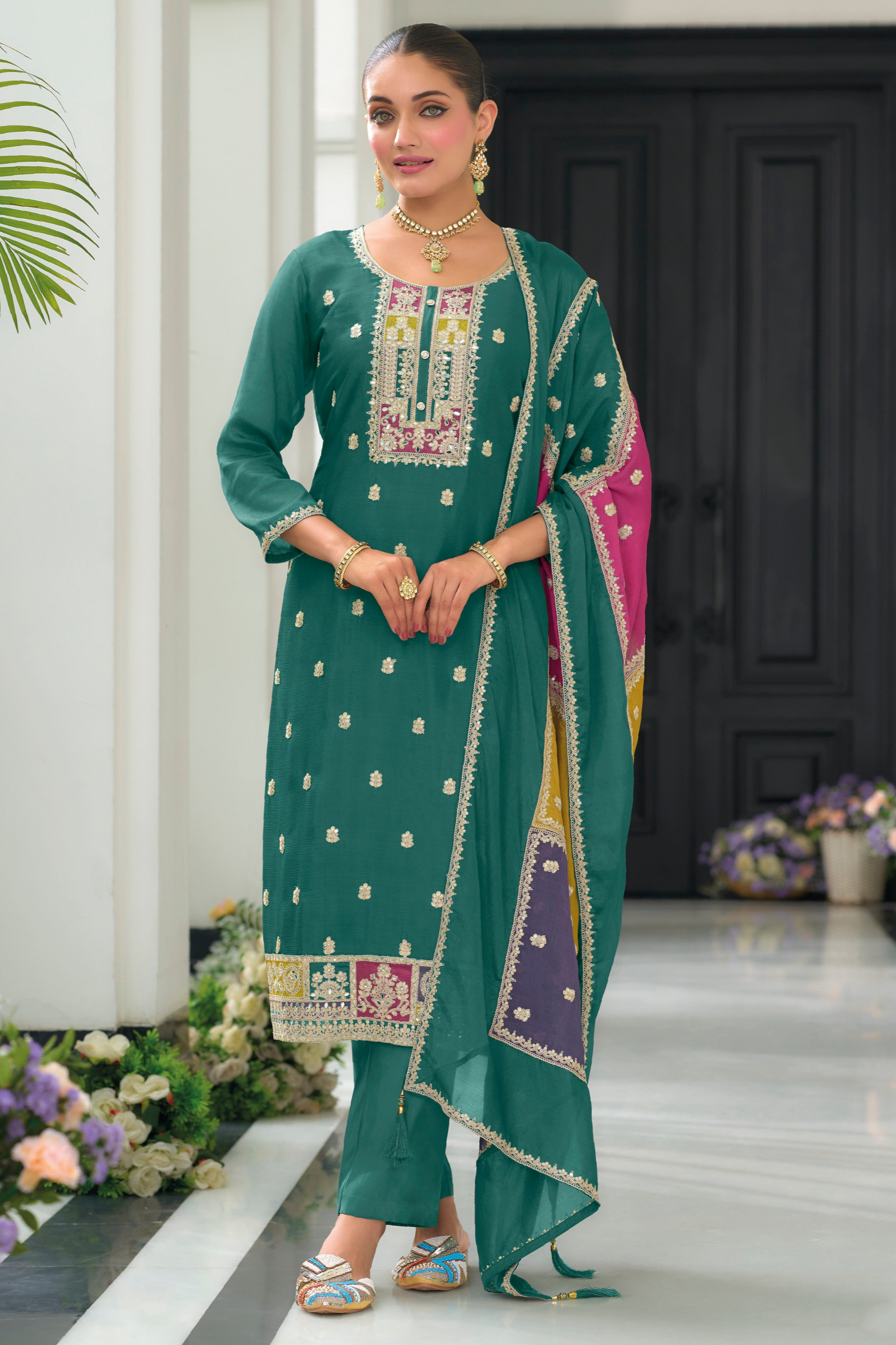 Elegant Teal Embroidered Salwar Kameez Set With Dupatta - Front View Showcasing Intricate Golden Embroidery Work 