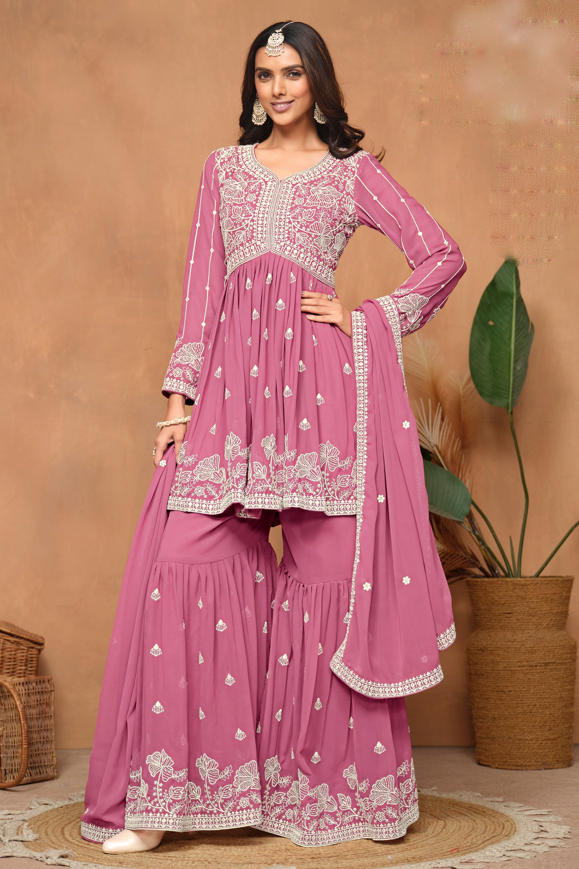 Pink Embroidered Sharara Suit With Dupatta For Indian Weddings - Ready To Wear Pakistani Designer Dress USA
