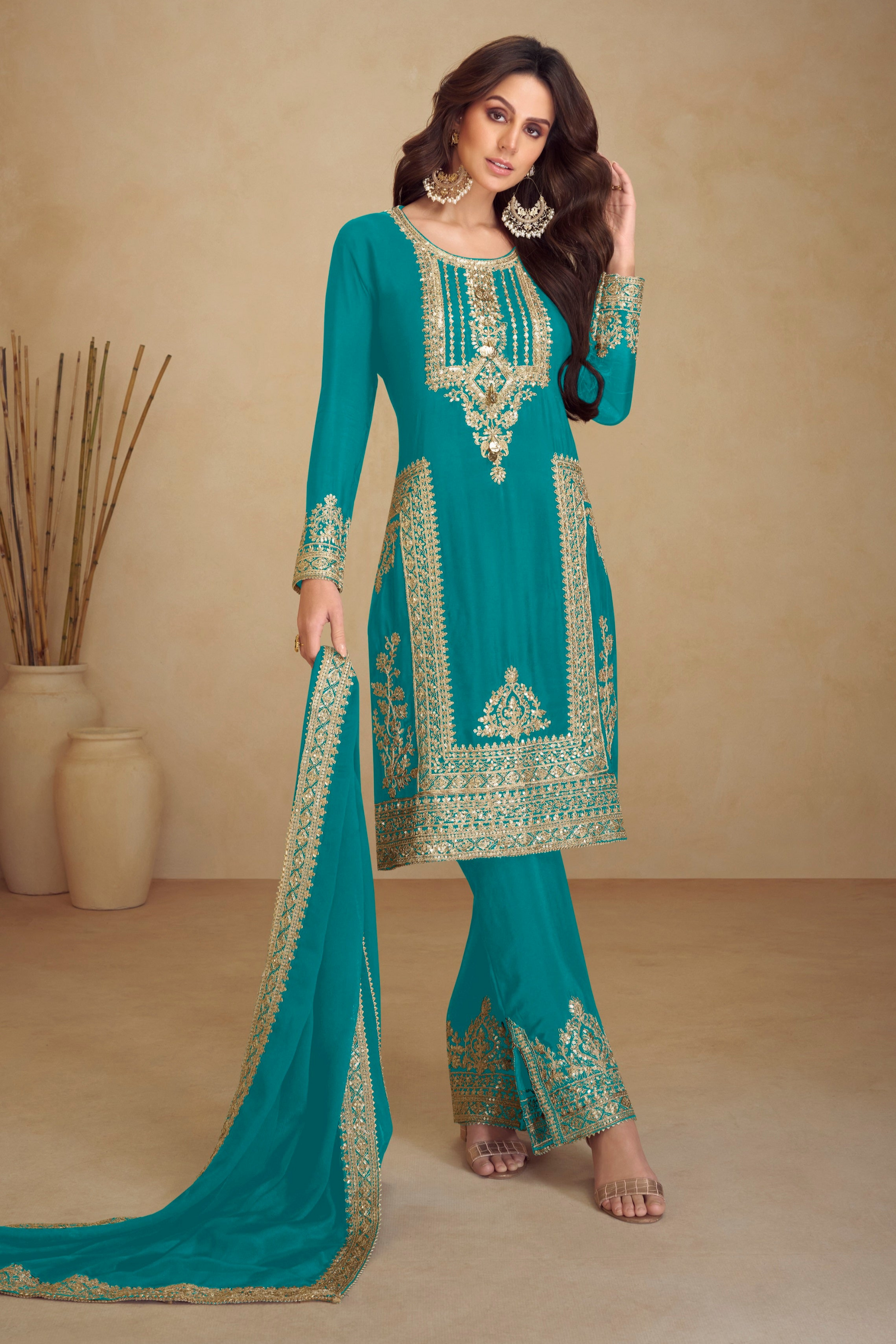 Teal Blue Salwar Kameez With Embroidery Work - Front View Ready to Wear Indian Dress For Weddings