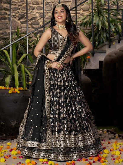 Black Embroidered Women Lehenga Choli with Dupatta for Engagement
