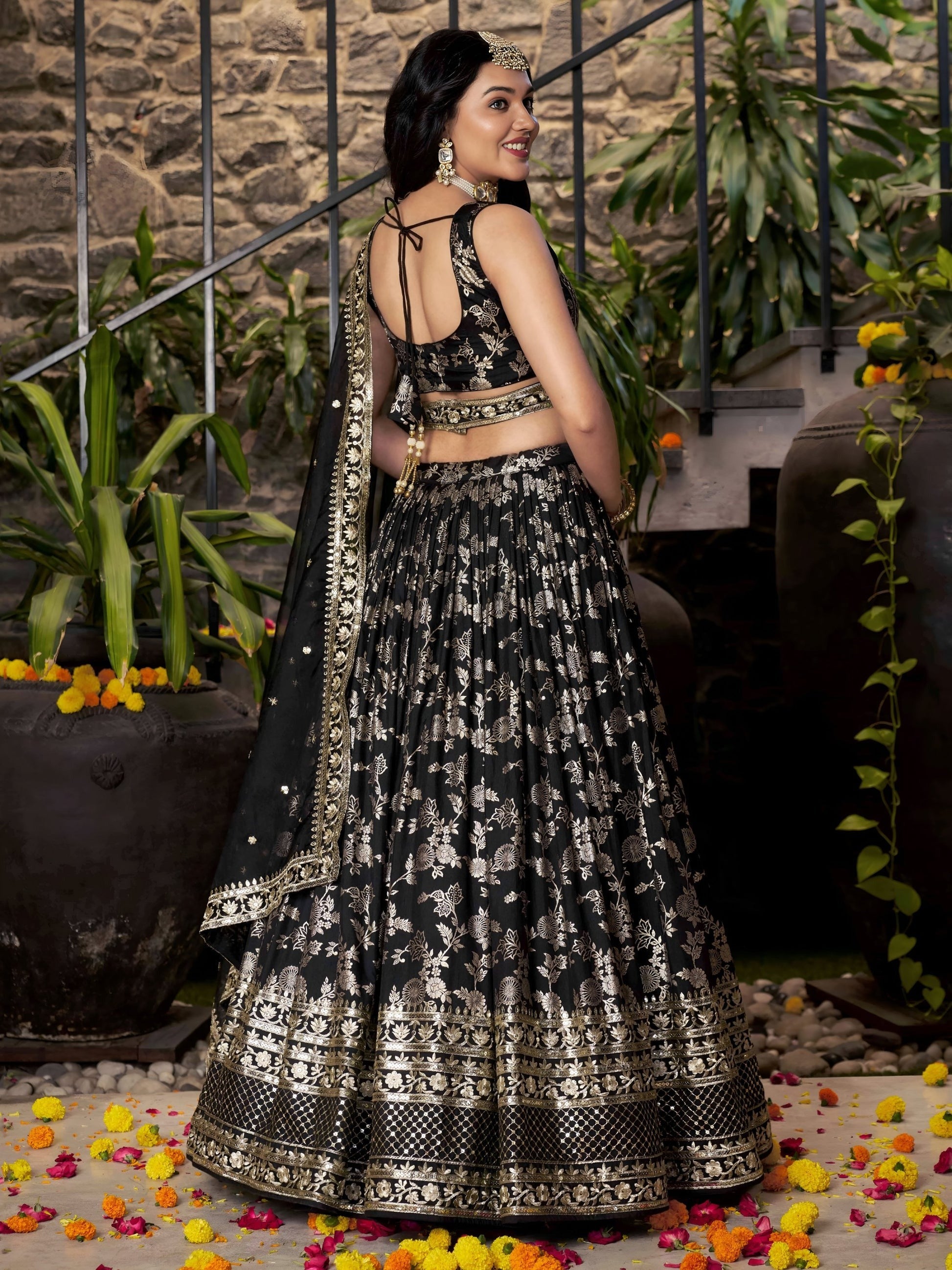 Black Embroidered Women Lehenga Choli with Dupatta for Engagement
