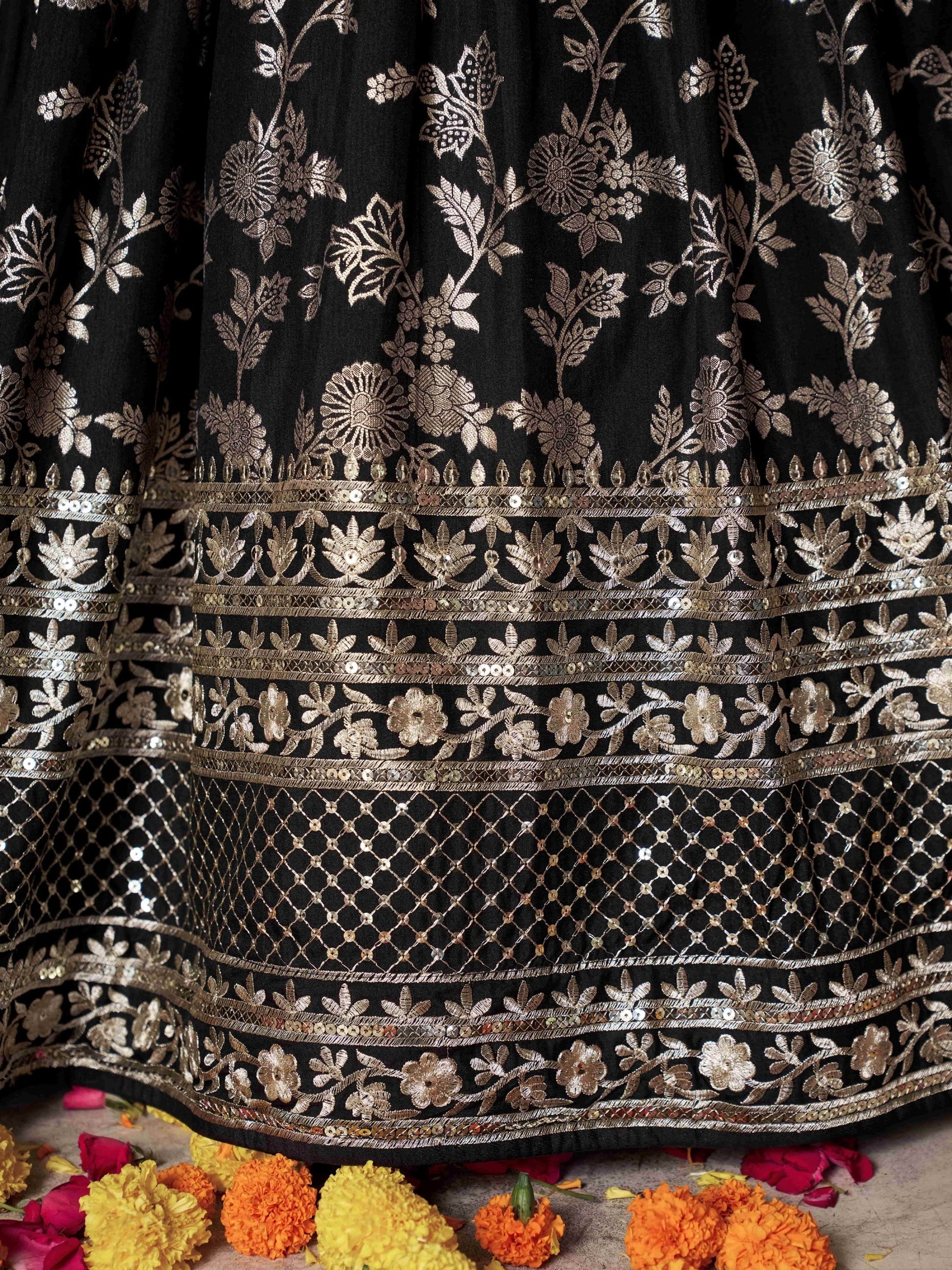 Black Embroidered Women Lehenga Choli with Dupatta for Engagement
