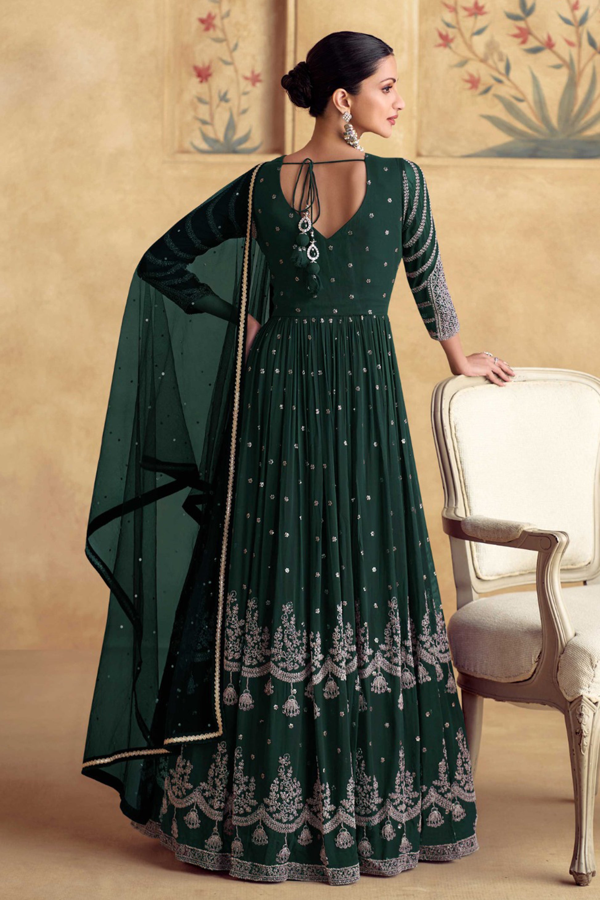 Designer Dark Green Anarkali Gown With Butterfly Net Dupatta - Formal Indian Wear