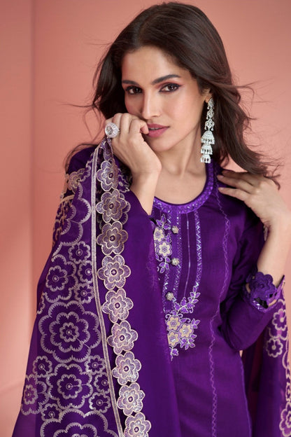 Violet Salwar Kameez Complete 3-Piece Set - Kameez, Salwar and Dupatta For Weddings and Eid