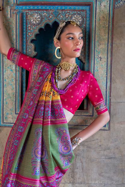 Yellow Dola Silk Saree Close-Up Detail - Gota Patti Embroidery Work For Wedding Reception