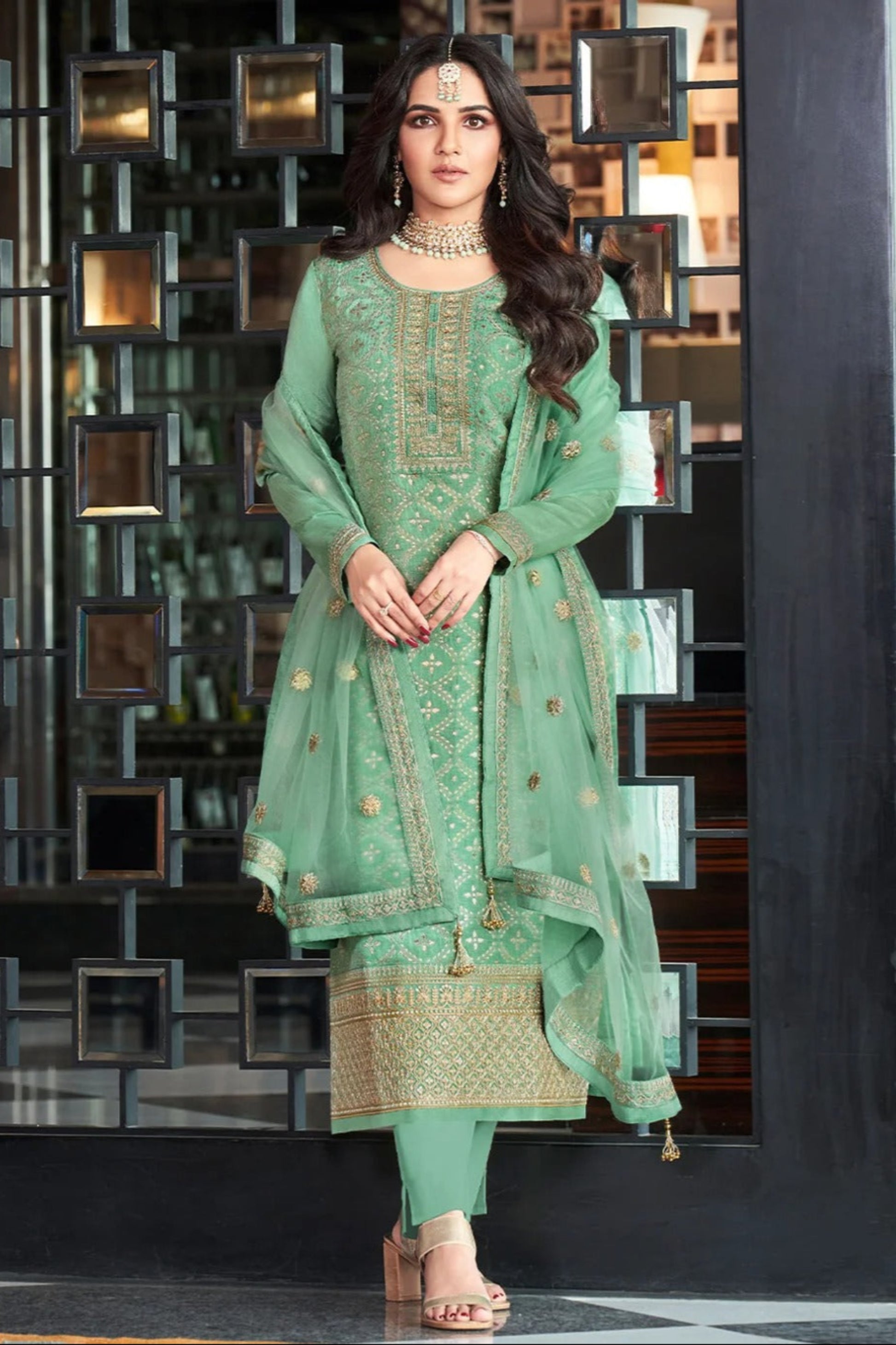 Pistachio Green Embroidered Salwar Kameez with Dupatta - Front View Ready to Wear Indian Ethnic Dress