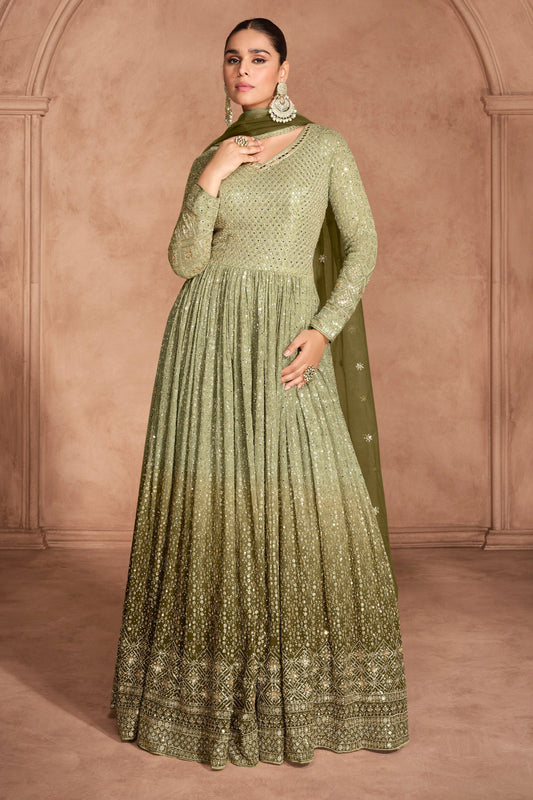 Elegant Olive Green Embroidered Anarkali Gown For Western Women Gorgettle