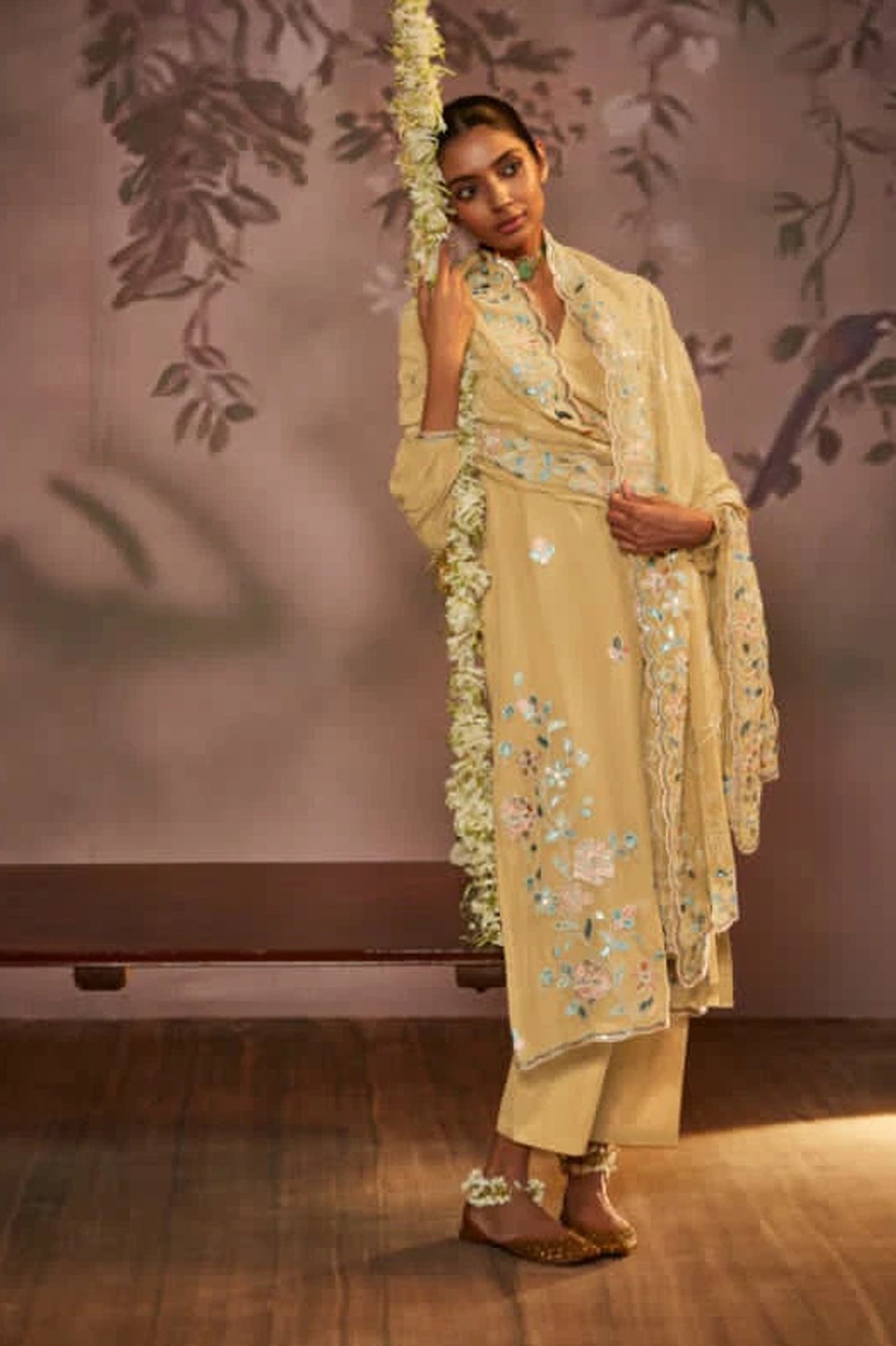 Cream Organza Salwar Kameez with Embroidery and Sequin Work - Front View - Festival Wear