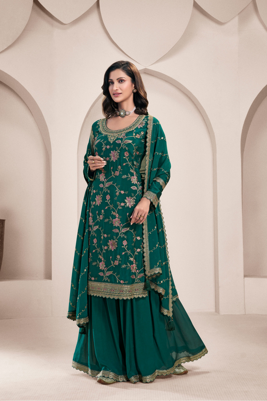 Teal Embroidered Palazzo Salwar Suit For Eid - Pakistani Indian Ethnic Wear USA